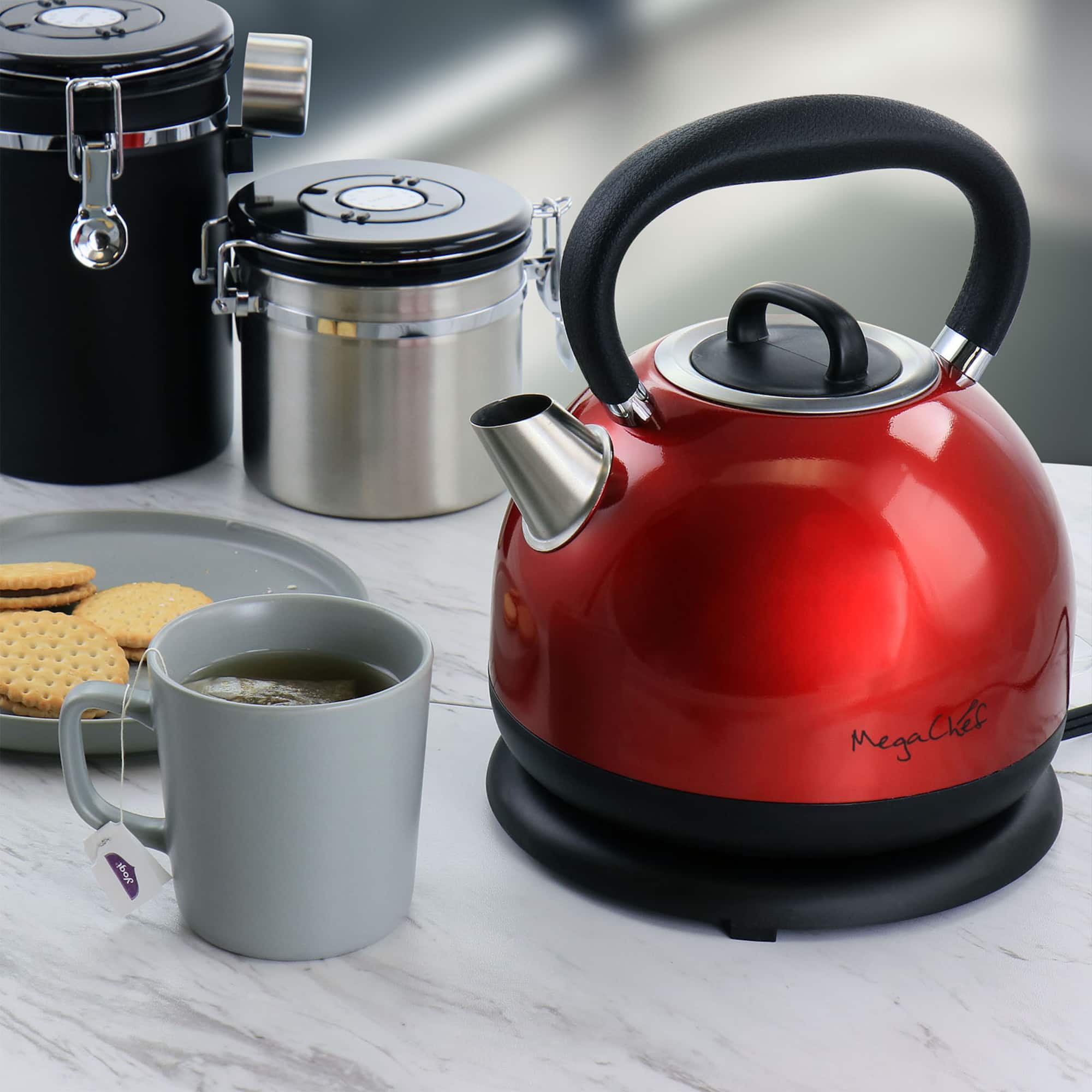 MegaChef 1.7L Red Cordless Half Round Electric Stainless Steel Tea Kettle